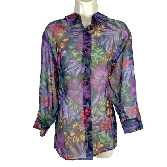 BonWorth Tops - Womens BonWorth Sz M Purple Multicolor Floral 3/4 Sleeve Sheer Button Up Blouse